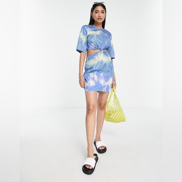 & Other Stories Cut-Out Waist Cotton Mini Dress Blue‎ Tie-Dye 10 - Picture 4 of 8